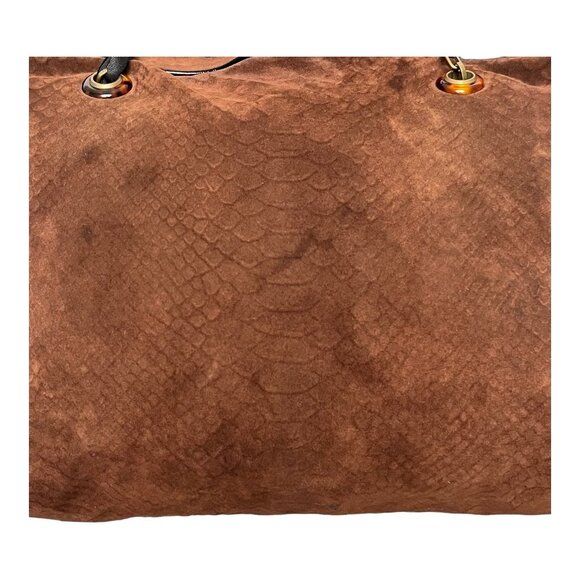 LANVIN "Amalia" Python Print Brown Suede Bucket Shoulder Bag made in Italy 13" H - Picture 3 of 16